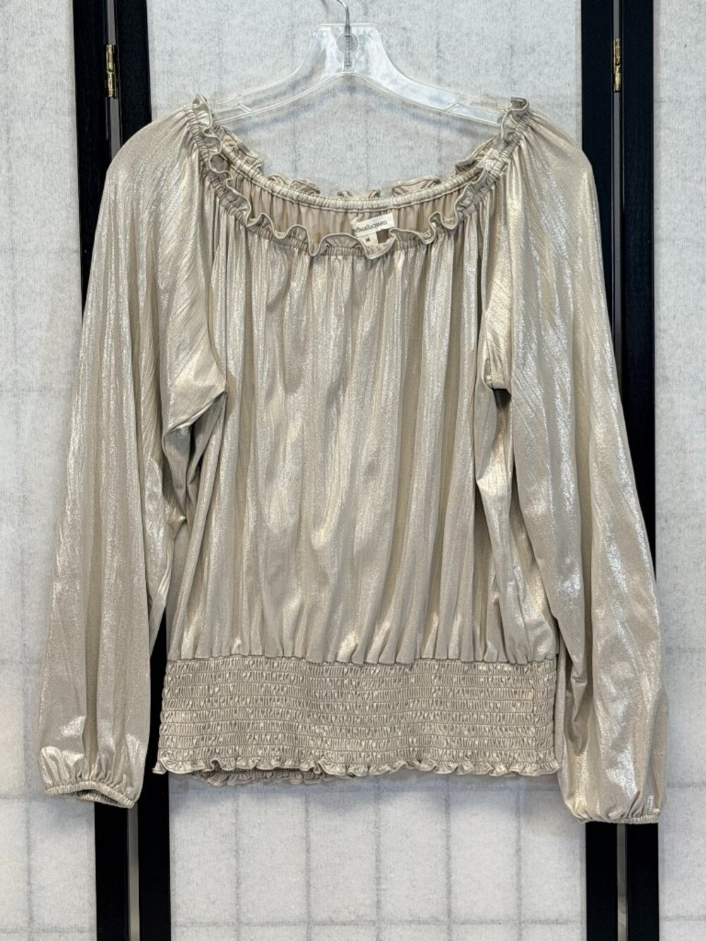 J P Richard Metallic Shimmer Knit Crop Top Ruffle Neck Shirred Waist Raglan M